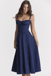 Robe d'été mi-longue vintage à lacets et nouée sur le devant - Bleu marine